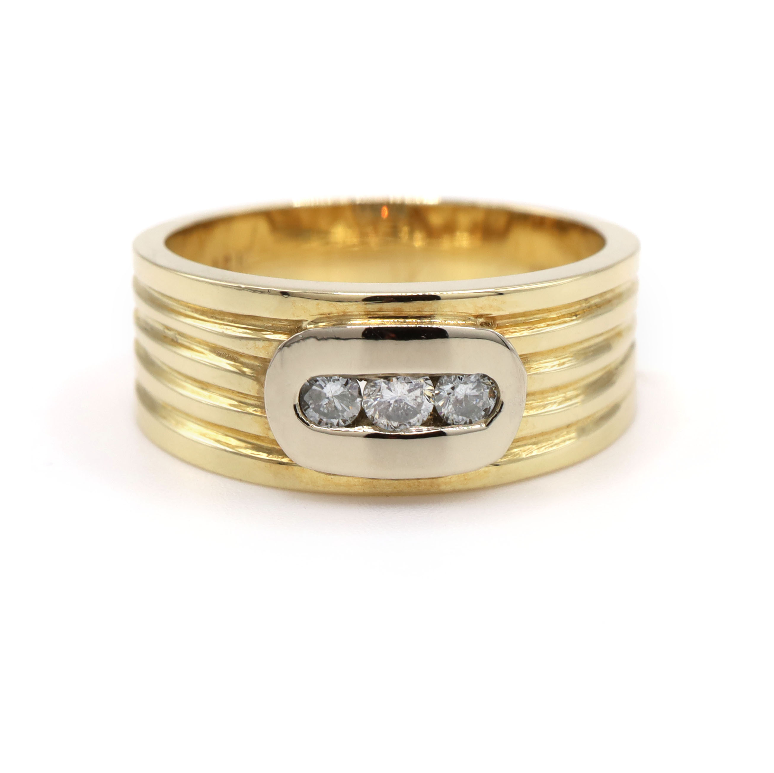 Diamond Row Thick Gold Band Two-Tone 14K Yellow White Gold Unisex Ring