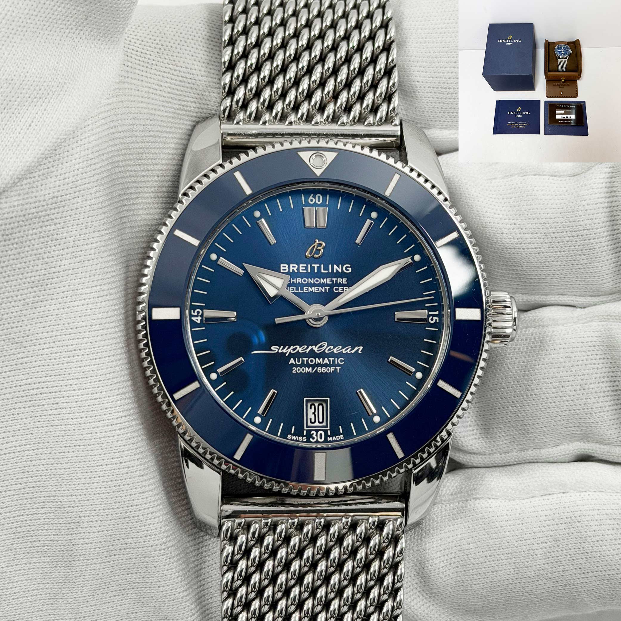 2019 Breitling Superocean Heritage II AB2010 42MM Blue Dial Steel Box Papers