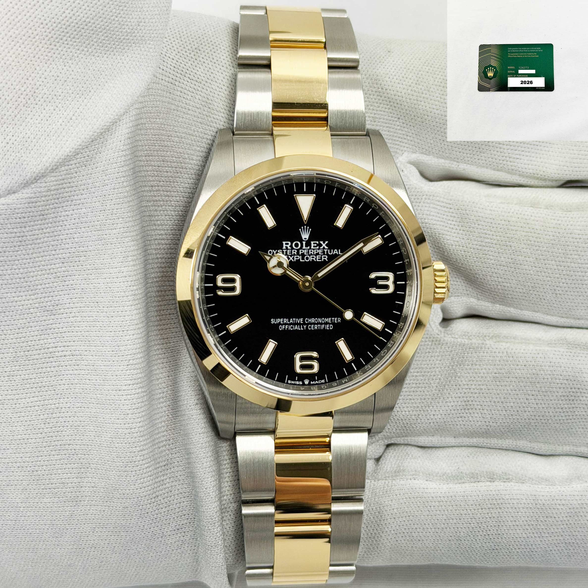 Unworn 2026 Rolex Explorer 124273 36MM Black 18K Two-Tone Yellow Gold Paper