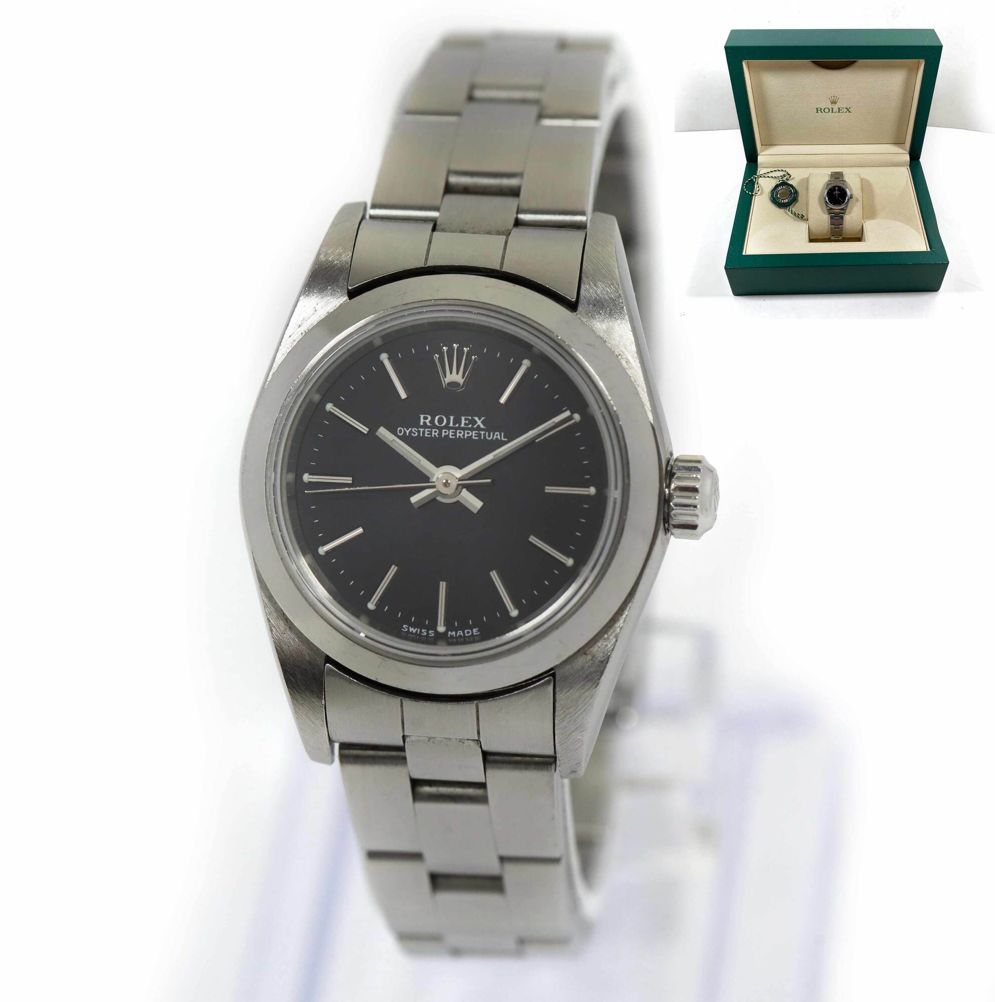 Ladies 2001 Rolex Oyster Perpetual 76080 24MM Black Dial Stainless Steel Box