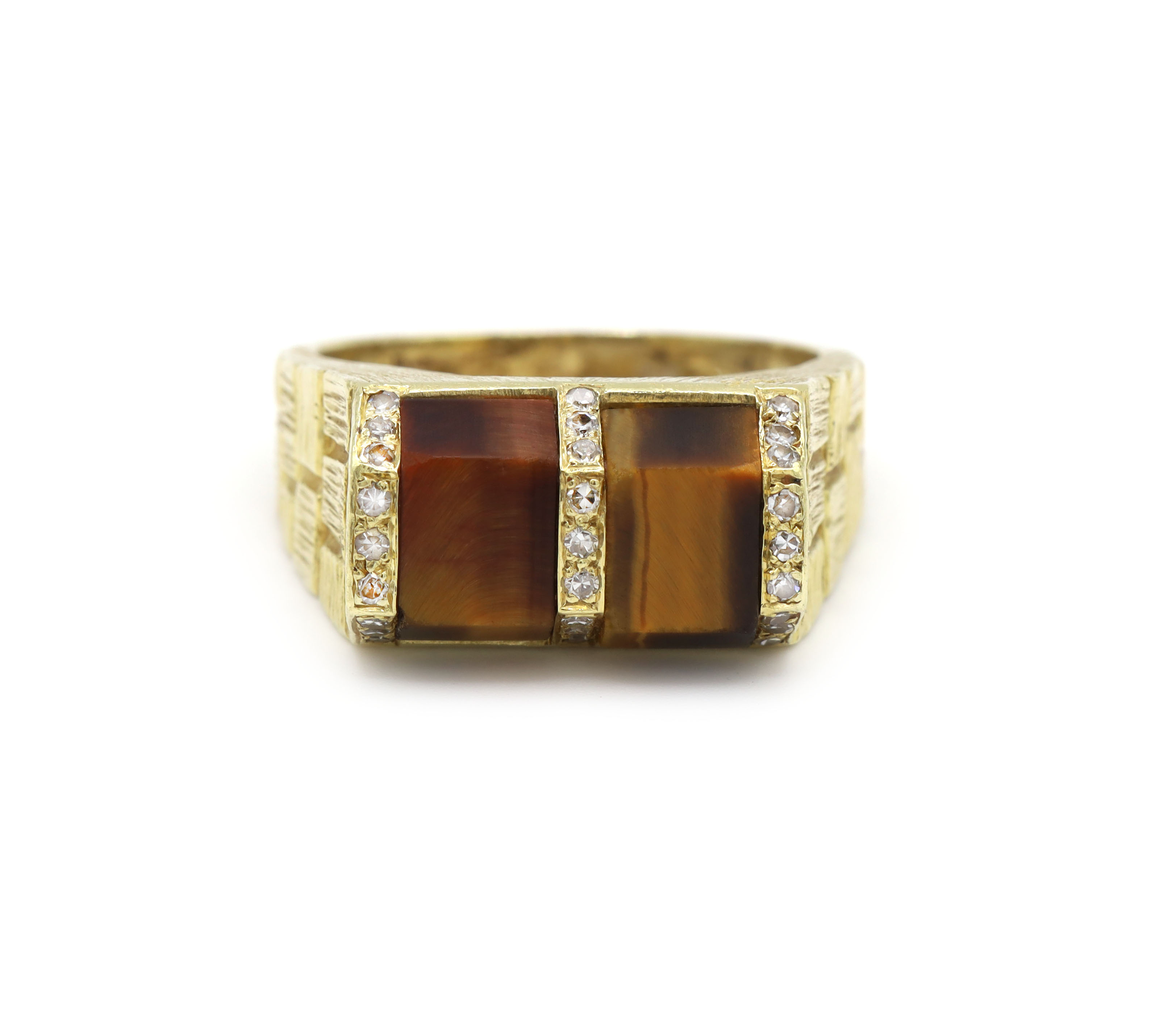 Brown Tigers Eye Diamond Brick 18K Yellow Gold Men’s Statement Ring