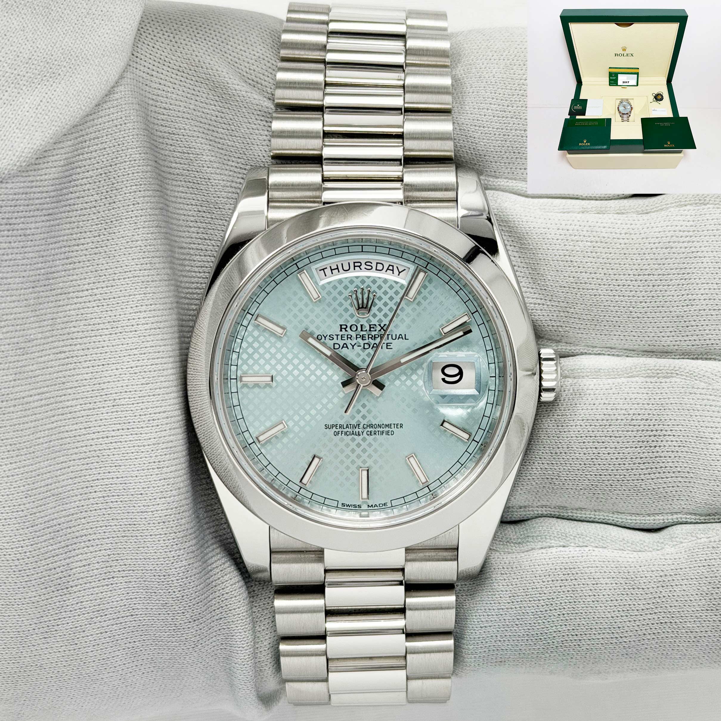 2017 Rolex Day-Date President 228206 40MM Platinum Ice Blue Motif Box Papers