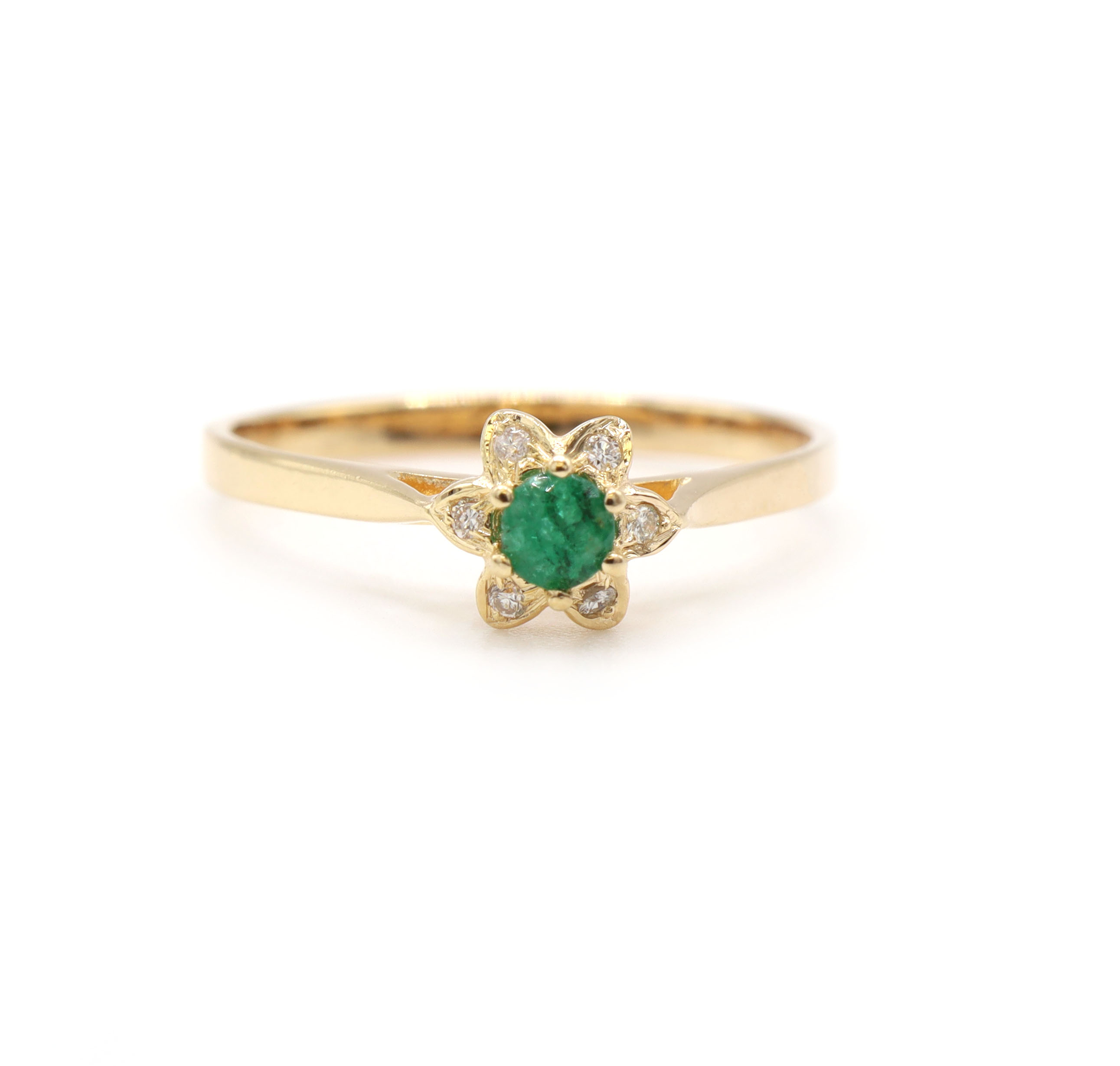Green Round Emerald And Diamond Flower Dainty 14K Yellow Gold Ring